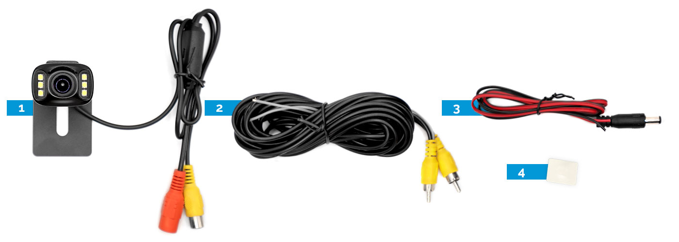 Camera, RCA Cable , Power Cable, Sticker guide