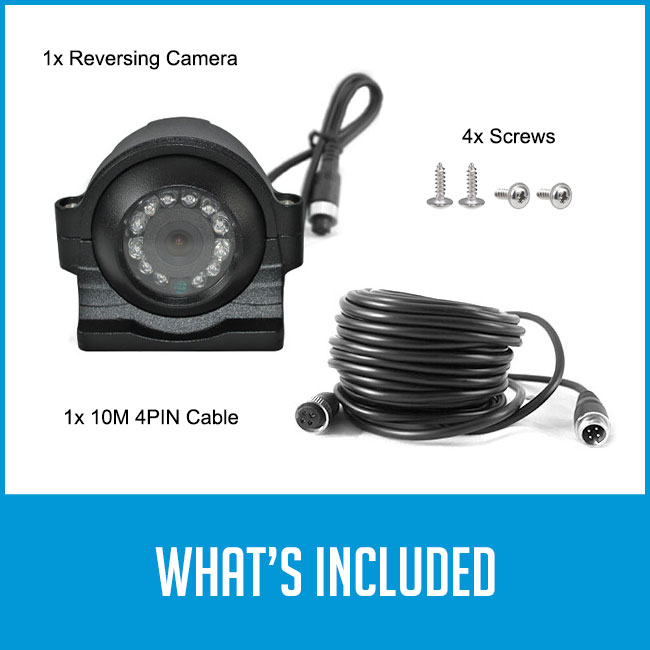  reversing camera, 4pin cable, screws with caption "what's included"