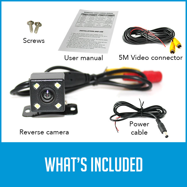 screws, video connector, power cable, reverse camera with caption "what's included"