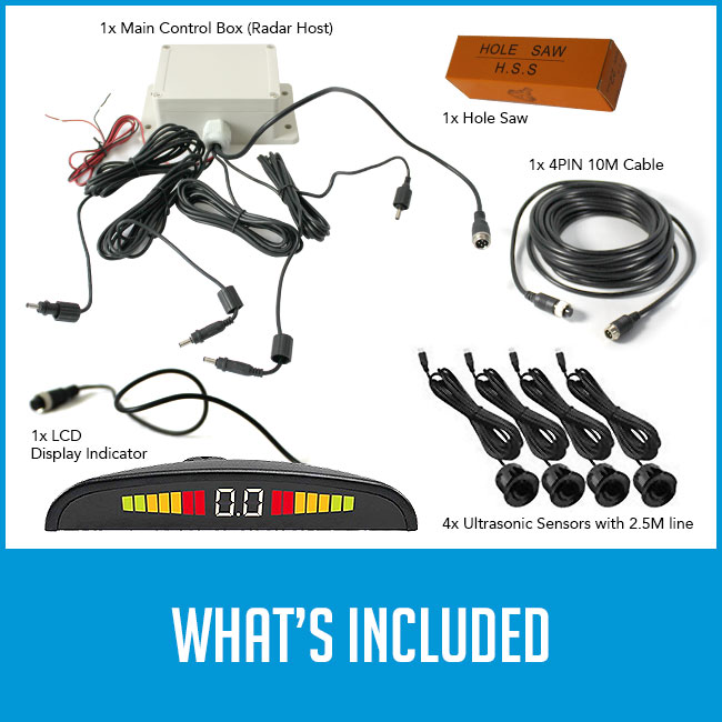 cables, sensor box, lcd indicator, ultrasonic sensors with caption "what's included"