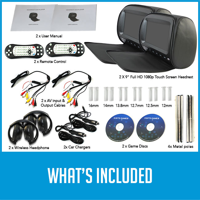 remote controls, chargers, headphones, headrest car dvd players, manual, game discs