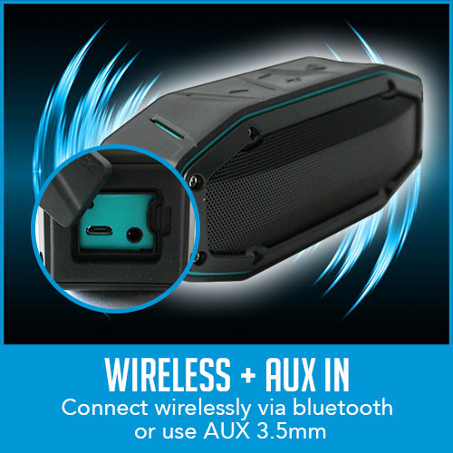 close up image of bluetooth speaker with wireless and aux 3.5 mm slot