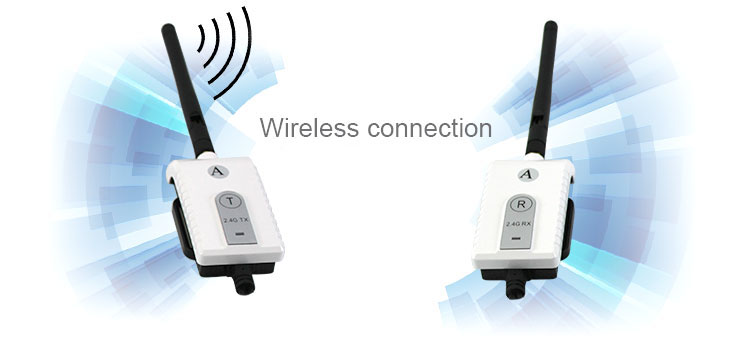 wireless receiver and transmitter with caption "200m, wireless connection is unhindered up to 200m"