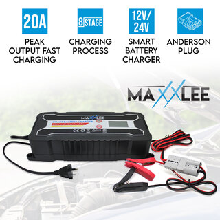 Maxxlee 20A 12V 24V Smart Automatic 8 Stage Fast Battery Charger SLA Car 4WD Caravan 10A 