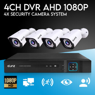 Elinz 4CH AHD 1080P HD Video & Audio Recording CCTV Surveillance DVR 4x Outdoor Bullet Security Camera System No HDD