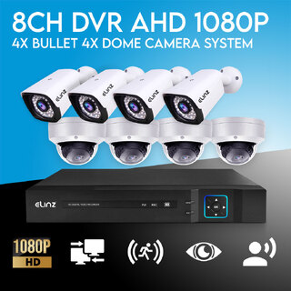Elinz 8CH AHD 1080P HD Video & Audio Recording CCTV Surveillance DVR 4x Outdoor Bullet 4x Vandal-proof Dome Security Camera System No HDD