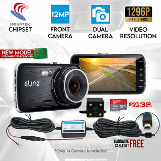 Elinz Dash Cam Dual Camera Reversing Recorder Car DVR Video 170° FHD 1296P 4" LCD 32GB