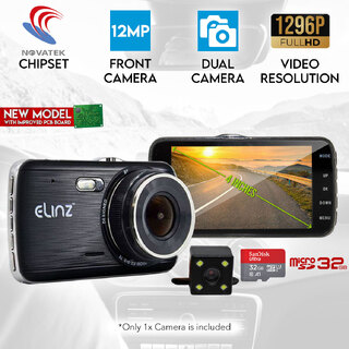 Elinz 4.0" LCD Dash Cam Dual Camera Reversing Car 1296P FHD DVR Video 170° 32GB