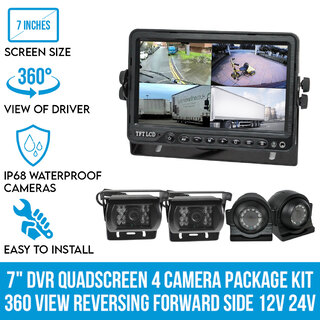 Elinz 7" DVR Quadscreen 4 Camera Package Kit 360 View Reversing Forward Side 12V 24V Bus Truck Caravan