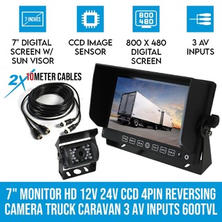 Elinz 7" Monitor HD 12V 24V CCD 4PIN Reversing Camera Truck Caravan 3 AV inputs 600TVL