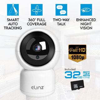 Elinz Smart Auto Tracking WiFi IP Security Camera 1080P HD Wireless Pan Tilt CCTV White 32GB