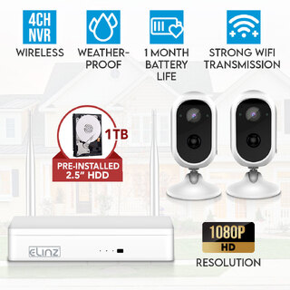 Elinz 4CH Wireless Wire-free Home Battery Security 1080P HD WiFi 2x Camera CCTV System NVR Indoor Outdoor 1TB HDD 