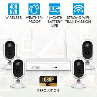 Elinz Wireless Wire-free Home Battery Security 1080P HD WiFi 4x Camera CCTV System NVR Indoor Outdoor NO HDD