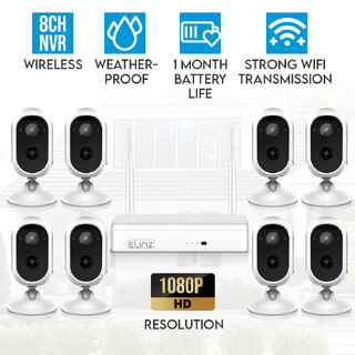 Elinz Wireless Home Battery Security 1080P HD WiFi 8x Camera CCTV System 8CH NVR Indoor Outdoor NO HDD