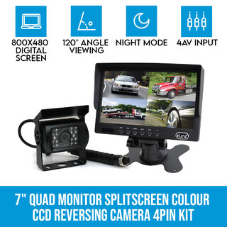 Elinz 7" Quad Monitor Splitscreen Colour CCD Reversing Camera 4PIN Kit Truck Caravan