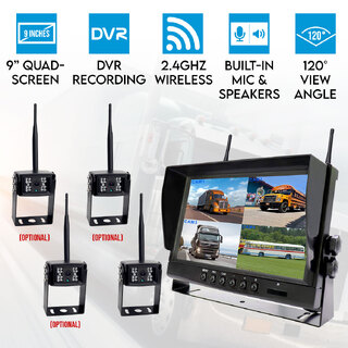 Elinz Digital Wireless 9" Quad Splitscreen Monitor 4CH DVR Reversing CCD 800TVL Camera 12V 24V 2.4GHz