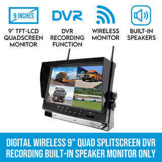 Elinz 4CH Digital Wireless 9" Quad Splitscreen DVR Recording Function Built-in Speakers 12V 24V 2.4GHz Monitor Only