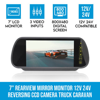 Elinz 7" Rearview Mirror Monitor 12V 24V 3 Video Inputs Car Truck Caravan