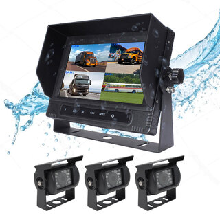 Elinz 7" Quad Screen Waterproof Monitor HD 12V/24V Reversing CCD Camera Mining Vehicle Truck Caravan Boat with 3 Camera and 3x 10M Cable