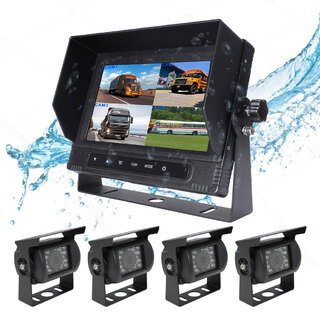 Elinz 7" Quad Screen Waterproof Monitor HD 12V/24V Reversing CCD Camera Mining Vehicle Truck Caravan Boat with 4 Camera and 4x 10M Cable