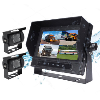 Elinz 7" Quad Screen Waterproof Monitor HD 12V/24V Reversing CCD Camera Mining Vehicle Truck Caravan Boat with 2 Camera and 2x 10M Cable