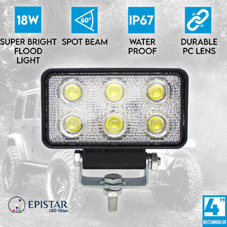 Elinz 4" 18W LED Work Light Rectangular 60° Flood Lamp Fog IP67 Offroad Jeep 12V 24V
