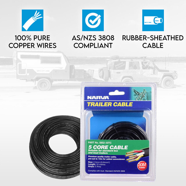 Narva 5 Core Trailer Cable 2.5mm 5A 30m Automotive Boat Caravan Truck Wire Cable V90 PVC Insulated