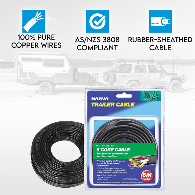 Narva 5 Core Trailer Cable 2.5mm 5A 6m Automotive Boat Caravan Truck Wire Cable V90 PVC Insulated