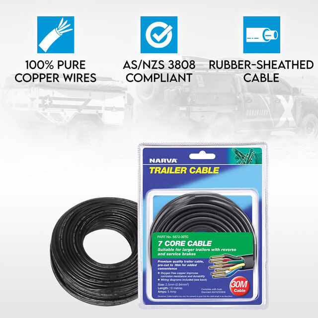 Narva 7 Core Trailer Cable 2.5mm 5A 30m Automotive Boat Caravan Truck Wire Cable V90 PVC Insulated