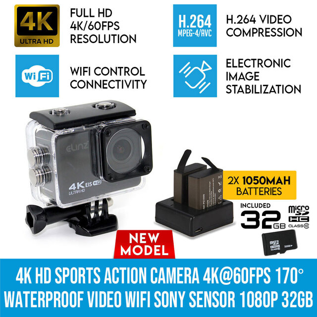 Elinz 4K HD Sports Action Camera 4K@60FPS 170° Waterproof Video WiFi Sony Sensor 1080P 32gb