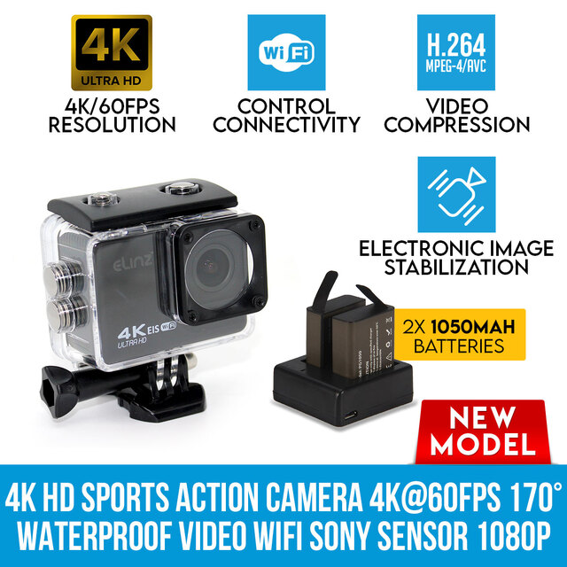 Elinz 4K HD Sports Action Camera 4K@60FPS 170° Waterproof Video WiFi Sony Sensor 1080P