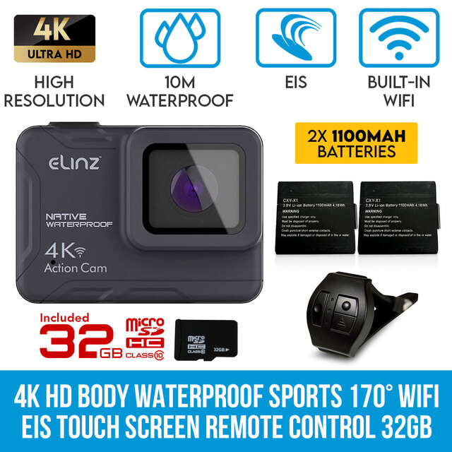 Elinz 4K HD Body Waterproof Sports Action Camera WiFi EIS Touch Screen Remote Control 32GB