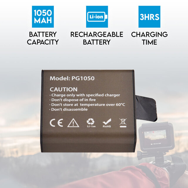 1050mAH Li-ion Extra Battery Rechargeable Long Life 3.7V Sports Action Camera 4K PG1050