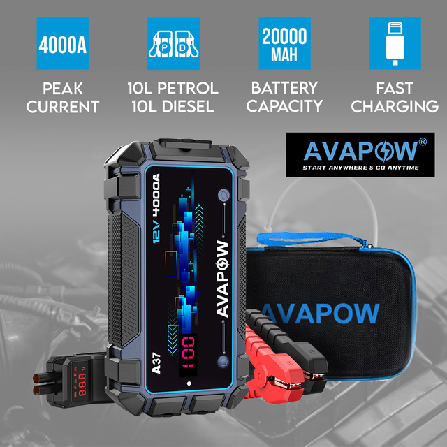 AVAPOW A37 4000A Portable Car Jump Starter 20000mAh Power Bank PD60W LED Display & Bag