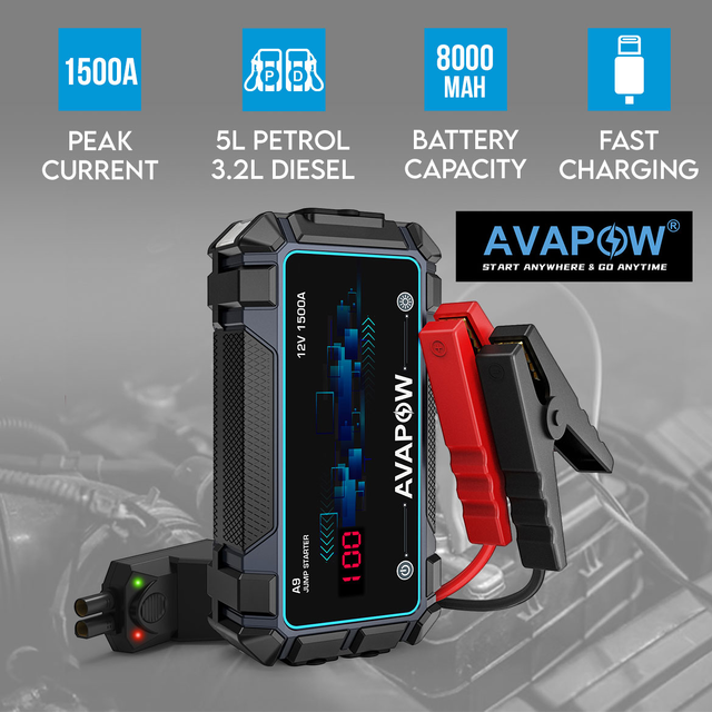 AVAPOW A9 1500A Portable Car Jump Starter 8000mAh Power Bank LED Light