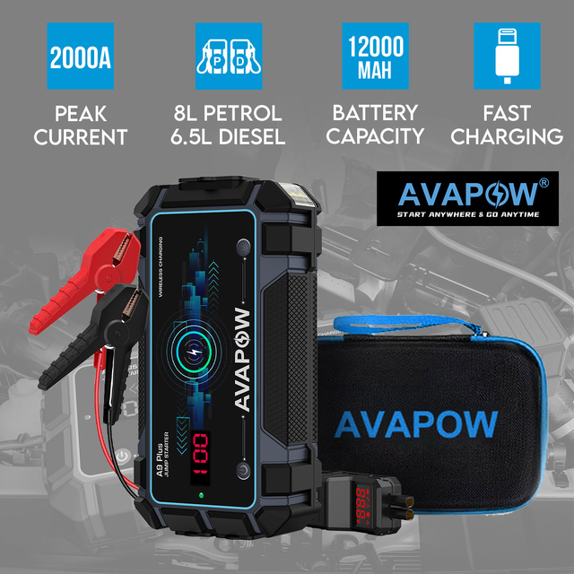 AVAPOW A9 PLUS 2000A Portable Car Jump Starter 12000mAh Power Bank LED Light EVA Protection Case