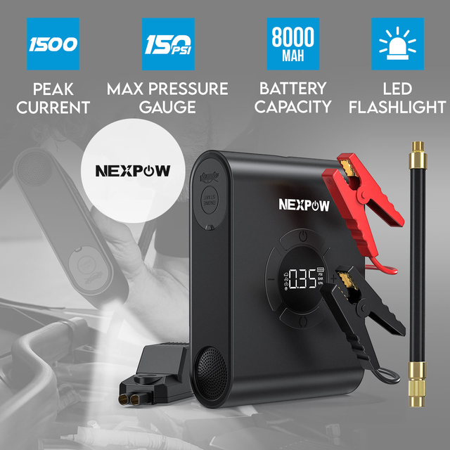 NEXPOW 1500A Car Jump Starter with Air Pump Compressor 150PSI and Bag LED Flashlight 8000mAh Power Bank