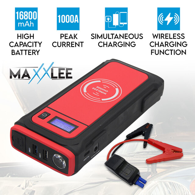 Maxxlee 1000A Car 12V Vehicle Portable Emergency Jump Starter & Battery Charger 16800mAh Wireless Charging Power Bank