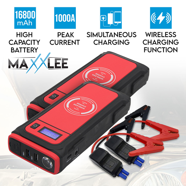 2x Maxxlee 1000A Car 12V Vehicle Portable Jump Starter & Battery Charger 16800mAh Wireless Charging