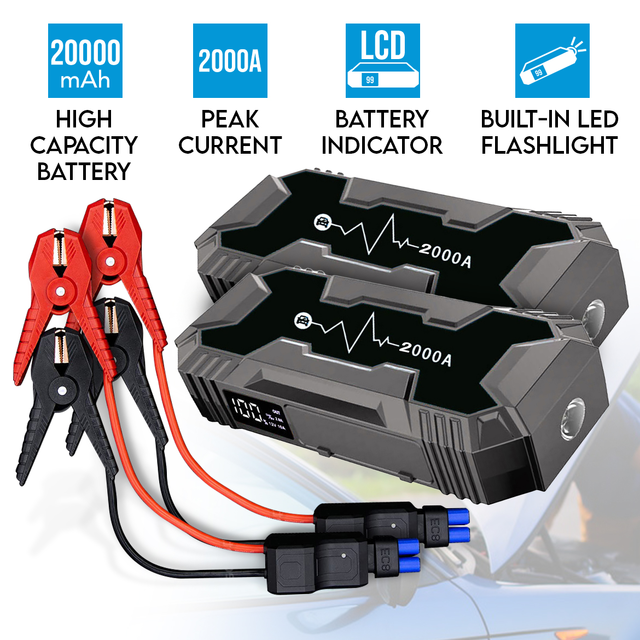 2x 2000A Car 12V Vehicle Portable Emergency Jump Starter 20000mAh Smart Clamp Black