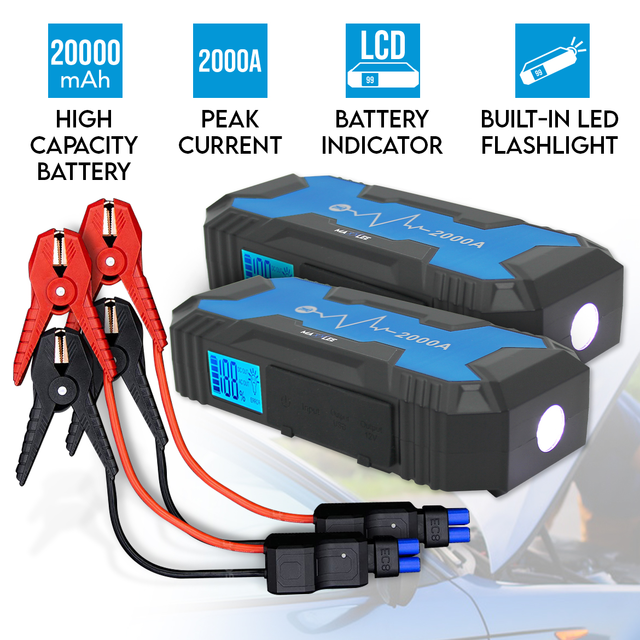 2x 2000A Car 12V Vehicle Portable Emergency Jump Starter 20000mAh Smart Clamp