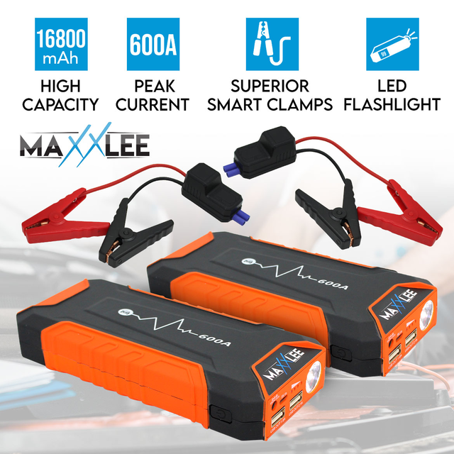 2x Maxxlee 600A Car 12V Vehicle Portable Emergency Jump Starter Battery Charger 16800mAh Dual USB Smart Clamp