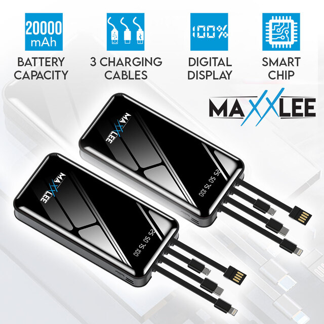 Maxxlee 2x BLACK 20000mAh Powerbank Built-in 3 Cables High Capacity Battery Charger for Android iPhone