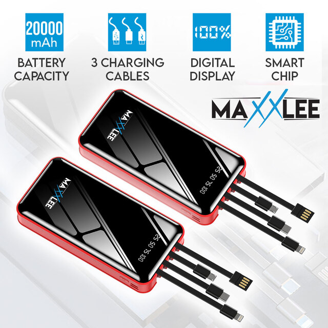 Maxxlee 2x RED 20000mAh Powerbank Built-in 3 Cables High Capacity Battery Charger for Android iPhone