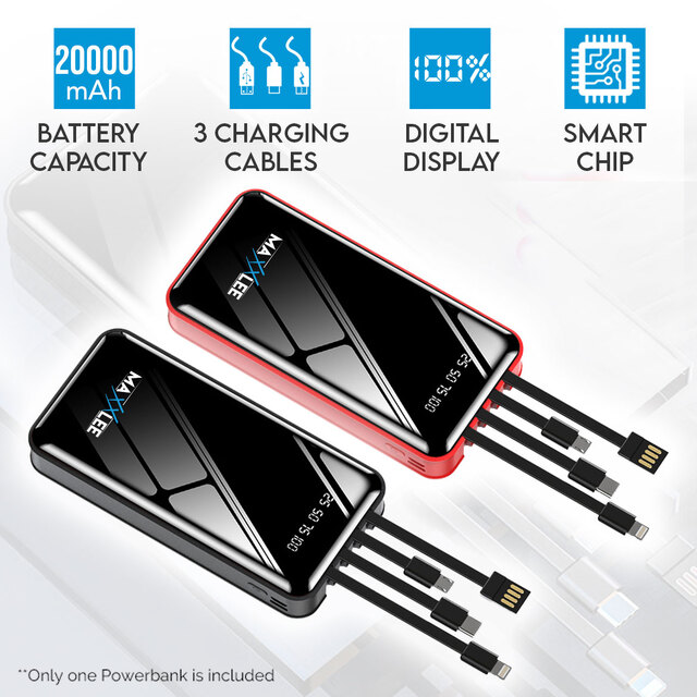 Maxxlee 20000mAh Powerbank Built-in 3 Cables High Capacity Battery Charger for Android iPhone