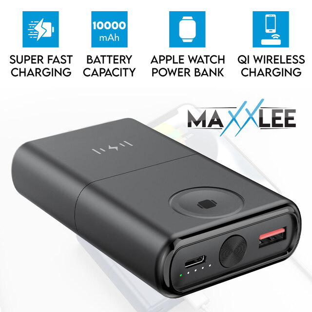 Maxxlee 10000mAh Super Fast Charging Qi Wireless Wired Apple Watch Portable Battery Charger Power Bank