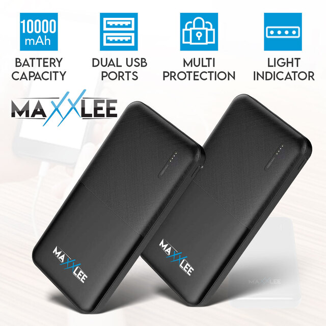 Maxxlee 2x BLACK 10000mAh Power Bank Dual USB External Portable Battery Charger iPhone Android Mobile