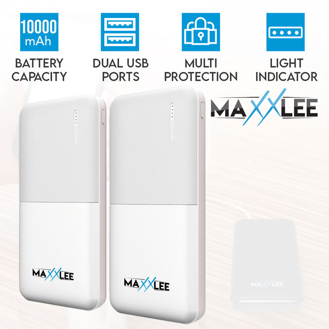 Maxxlee 2x WHITE 10000mAh Power Bank Dual USB External Portable Battery Charger iPhone Android Mobile