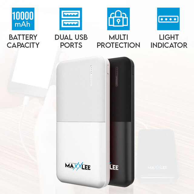 Maxxlee 10000mAh Power Bank Dual USB External Portable Battery Charger iPhone Android Mobile