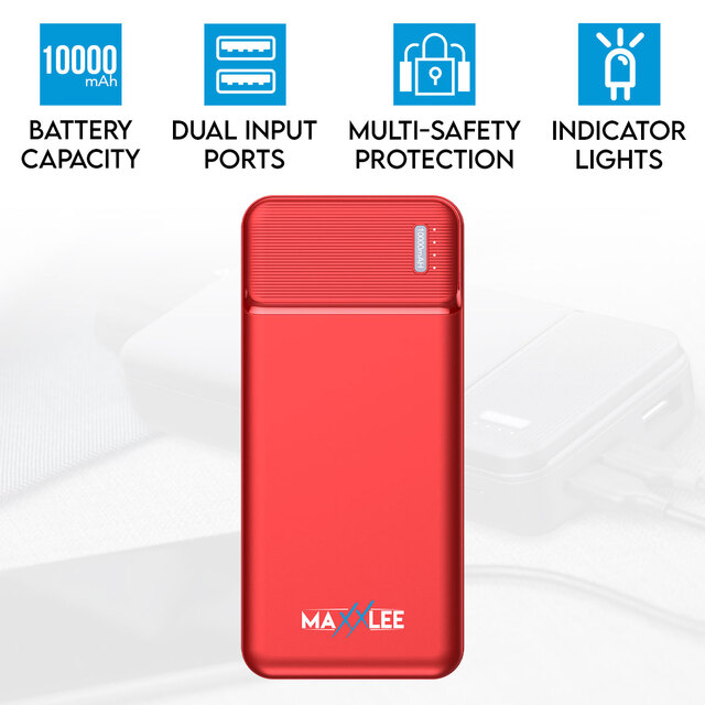 Maxxlee 10000mAh Slim Power Bank USB Backup External Battery Charger iPhone Android Mobile